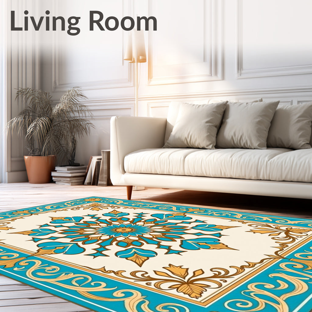 Turquoise and Gold Mandala Frame Rug