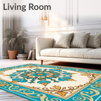Turquoise and Gold Mandala Frame Rug