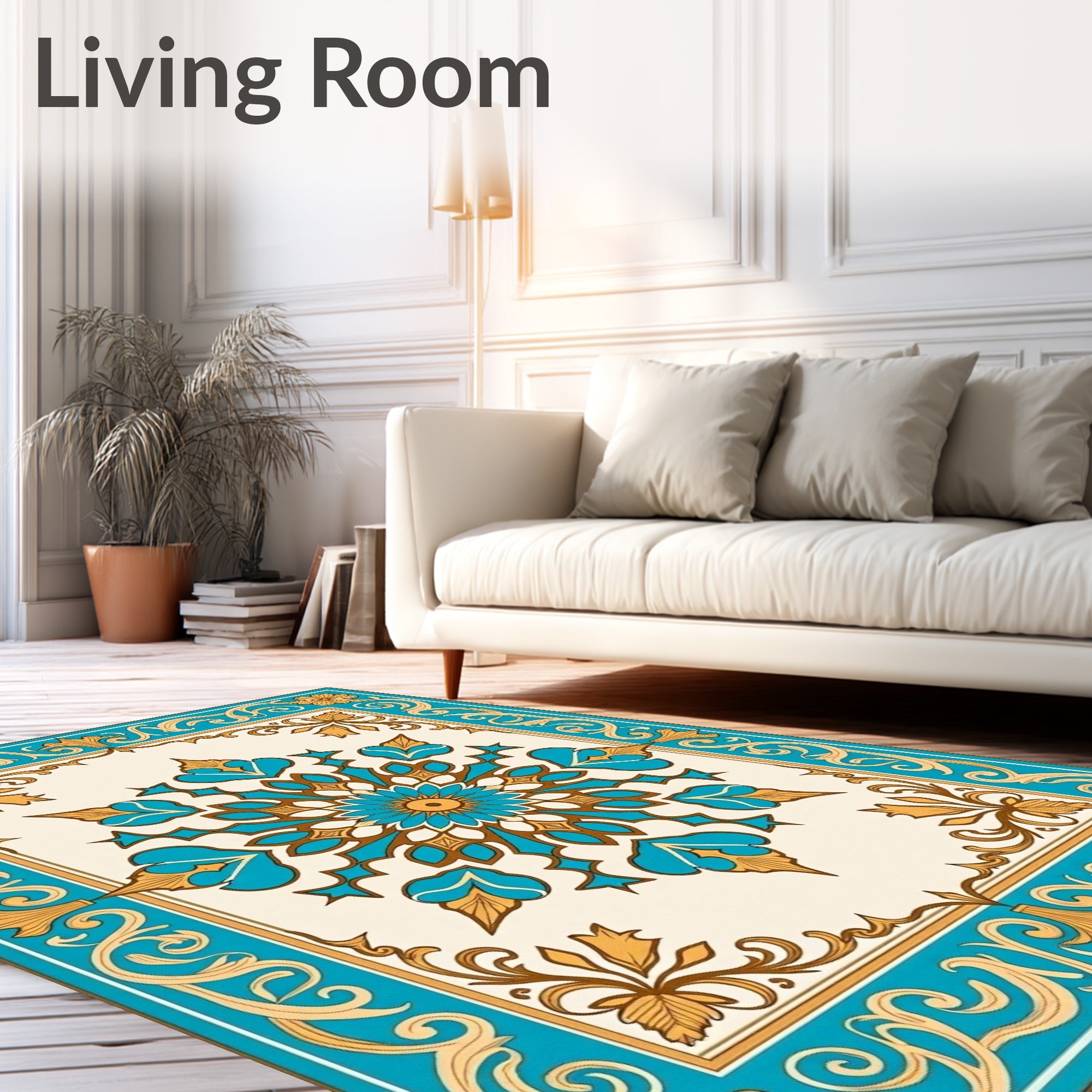 Turquoise and Gold Mandala Frame Rug