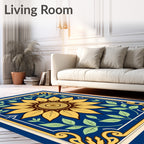 Golden Yellow Sunflower Blue Floral Rug
