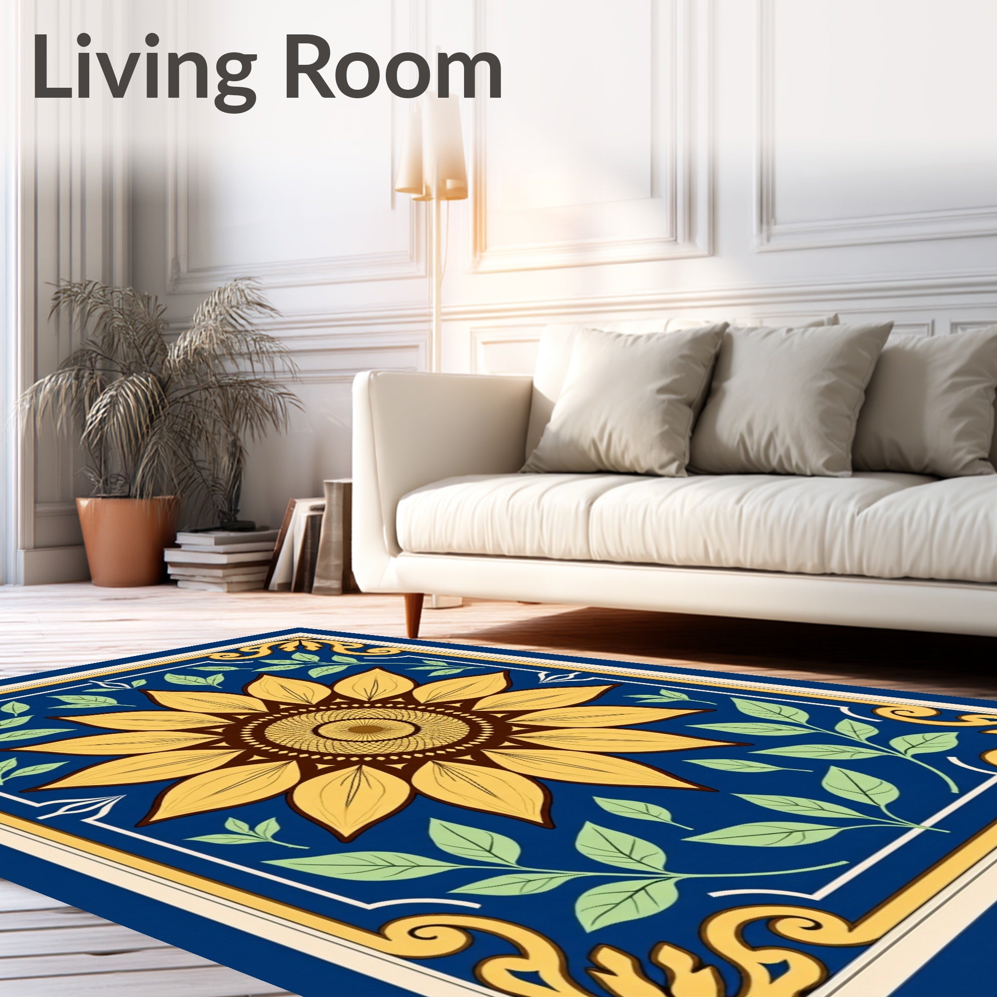 Golden Yellow Sunflower Blue Floral Rug