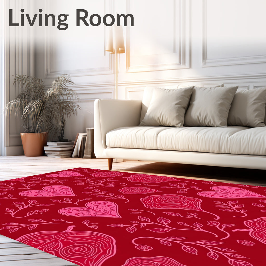 Crimson Pink Heart Floral Vine Rug