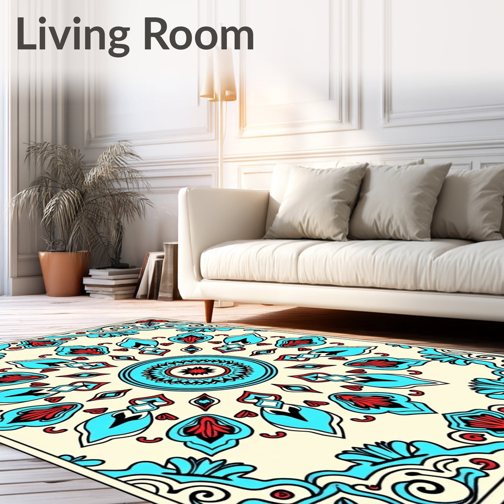 Bright Turquoise Red Floral Medallion Rug