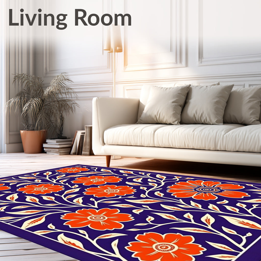Vibrant Orange Floral Vine Navy Rug