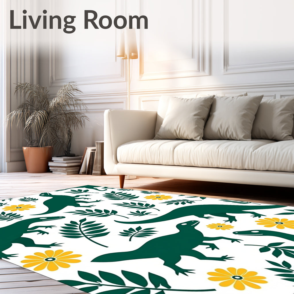Green Dinosaurs Yellow Flowers Foliage Rug