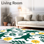 Green Dinosaurs Yellow Flowers Foliage Rug