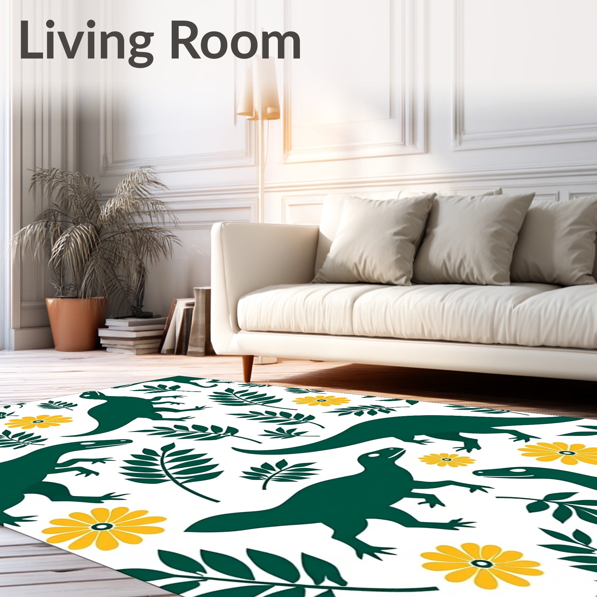 Green Dinosaurs Yellow Flowers Foliage Rug