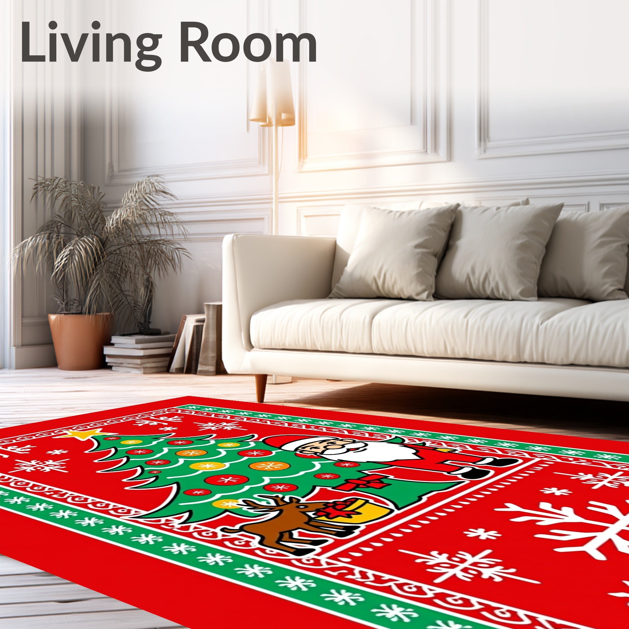 Red Christmas Tree Santa Reindeer Snowflakes Rug