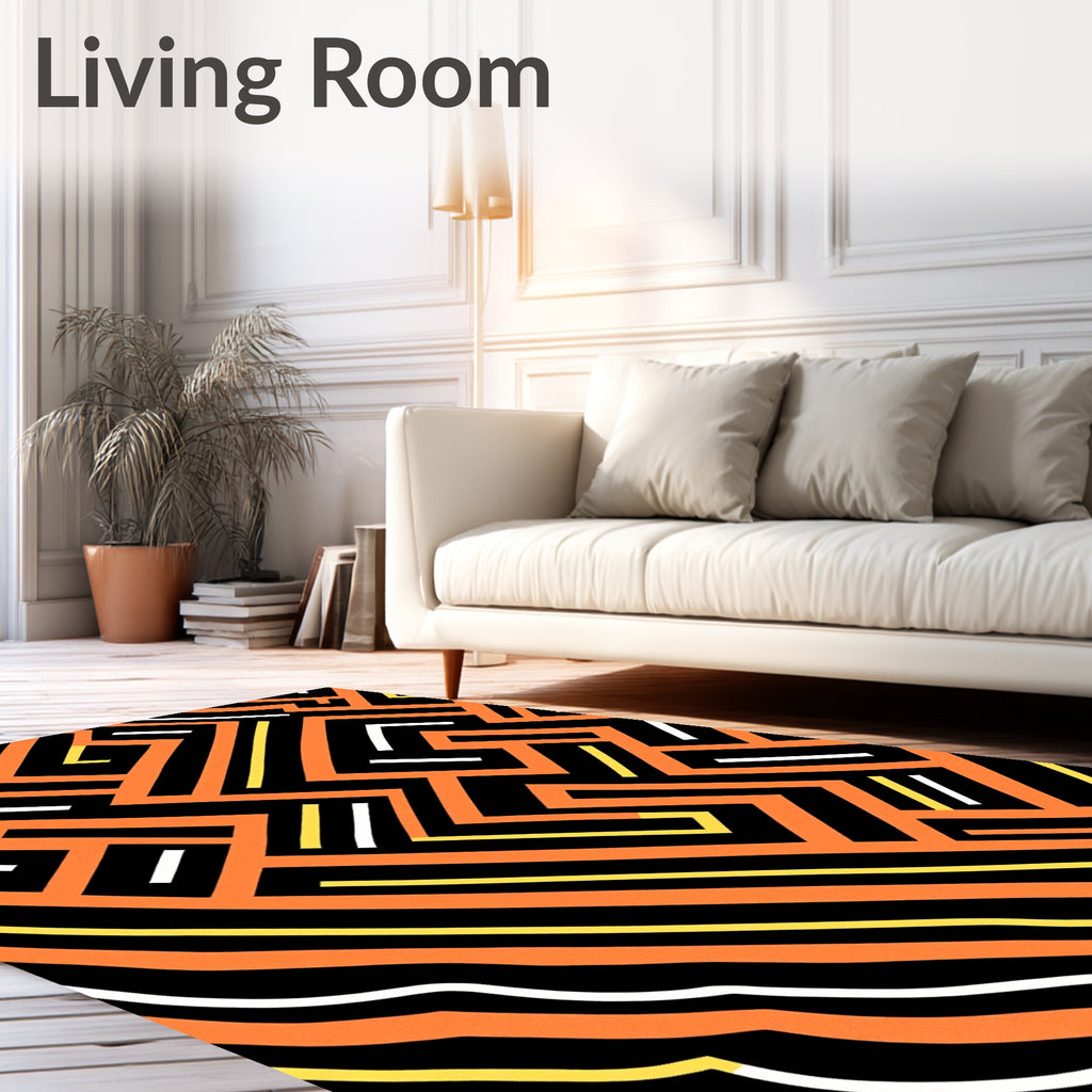 Modern Orange Black Geometric Labyrinth Rug