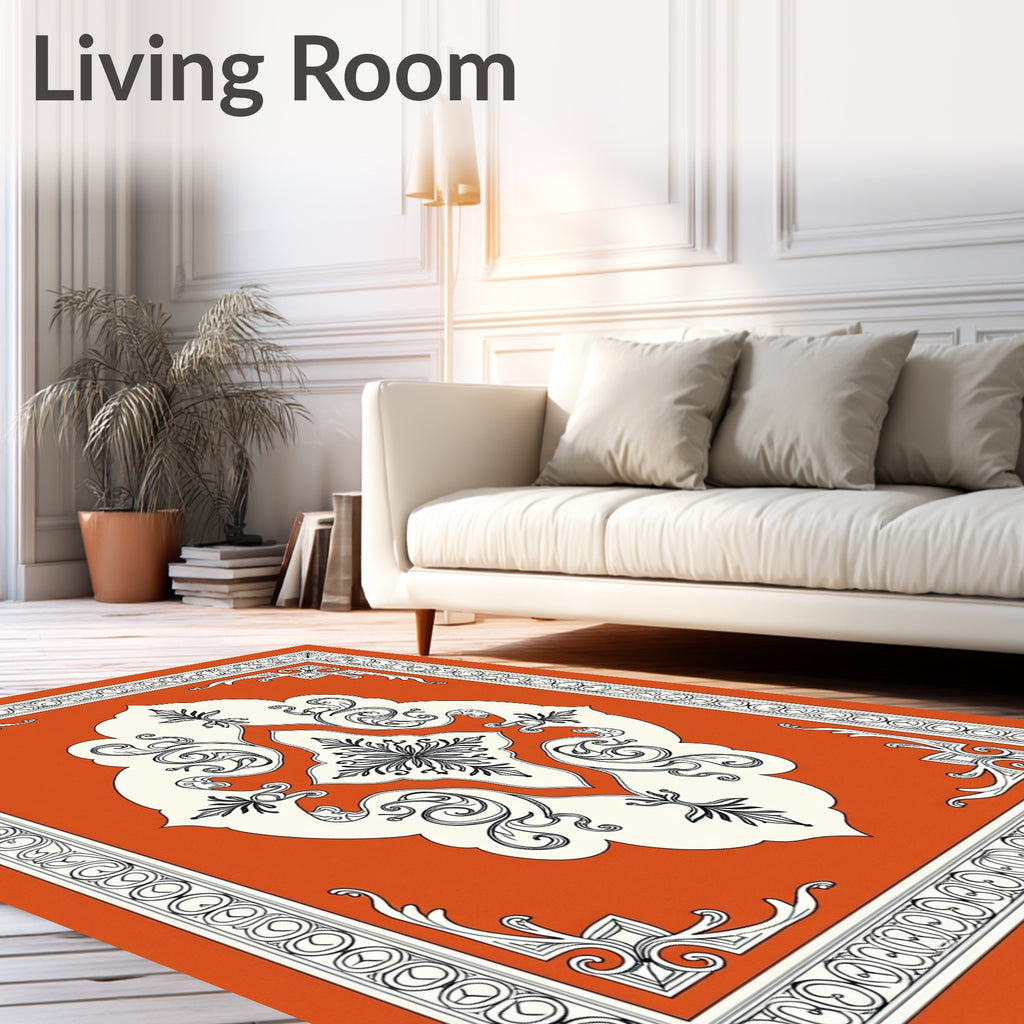 Vibrant Orange White Scroll Medallion Rug