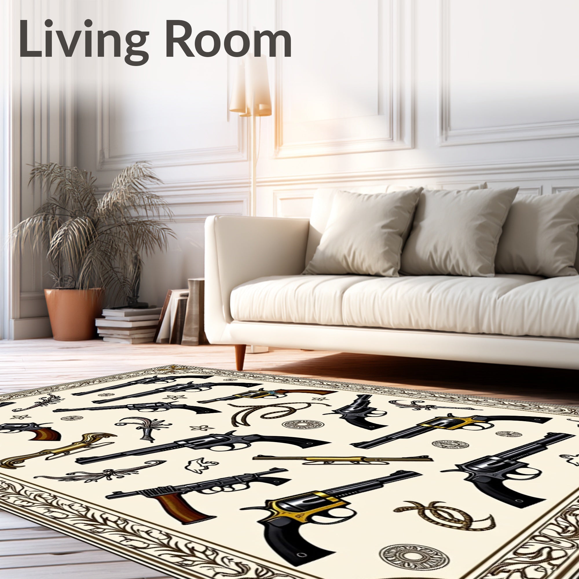 Vintage Pistol Collection In Ornate Border Rug