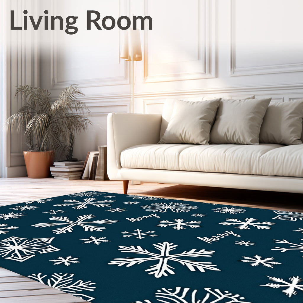 White Snowflakes on Deep Blue Background Rug
