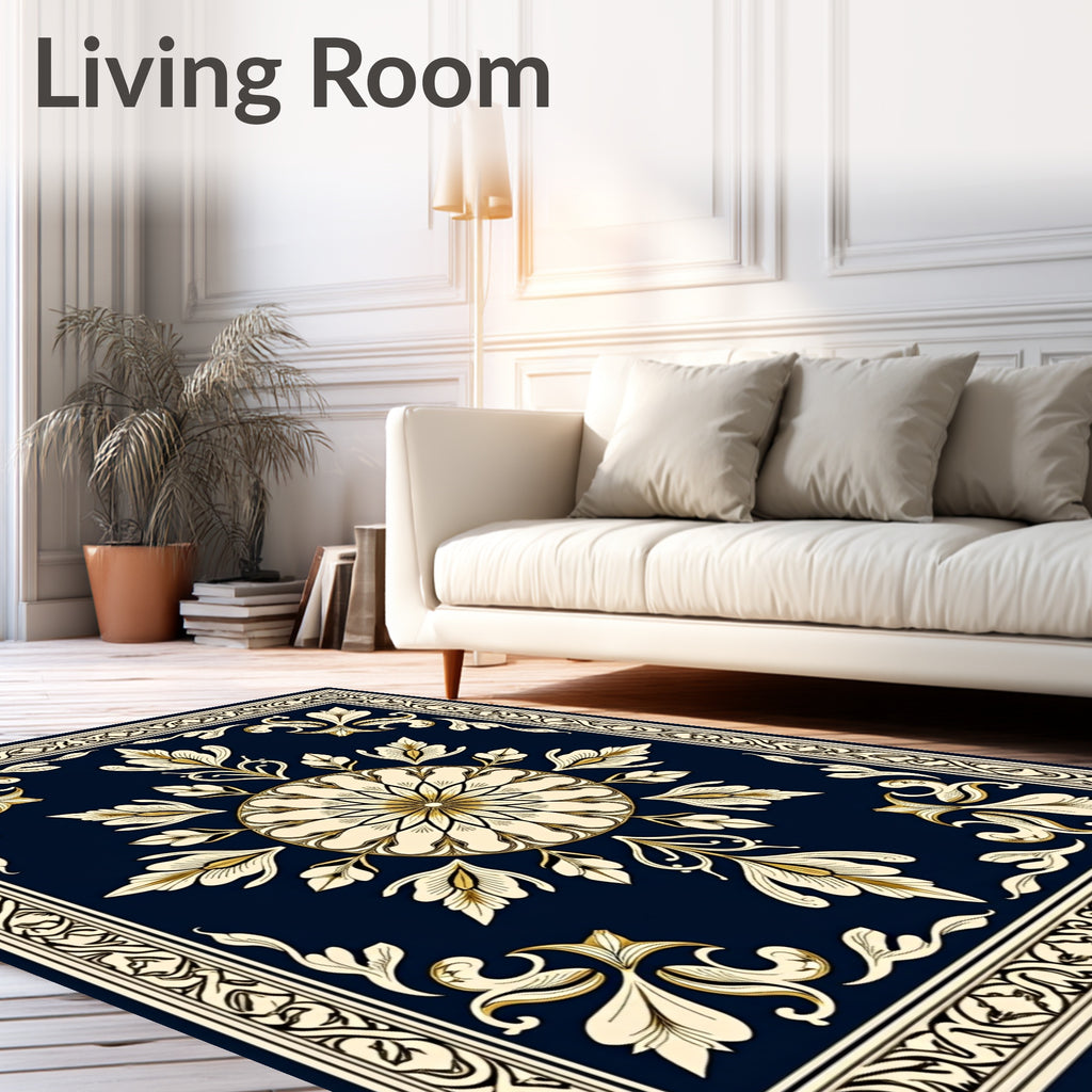 Ornate Golden Floral Sunburst Navy Rug