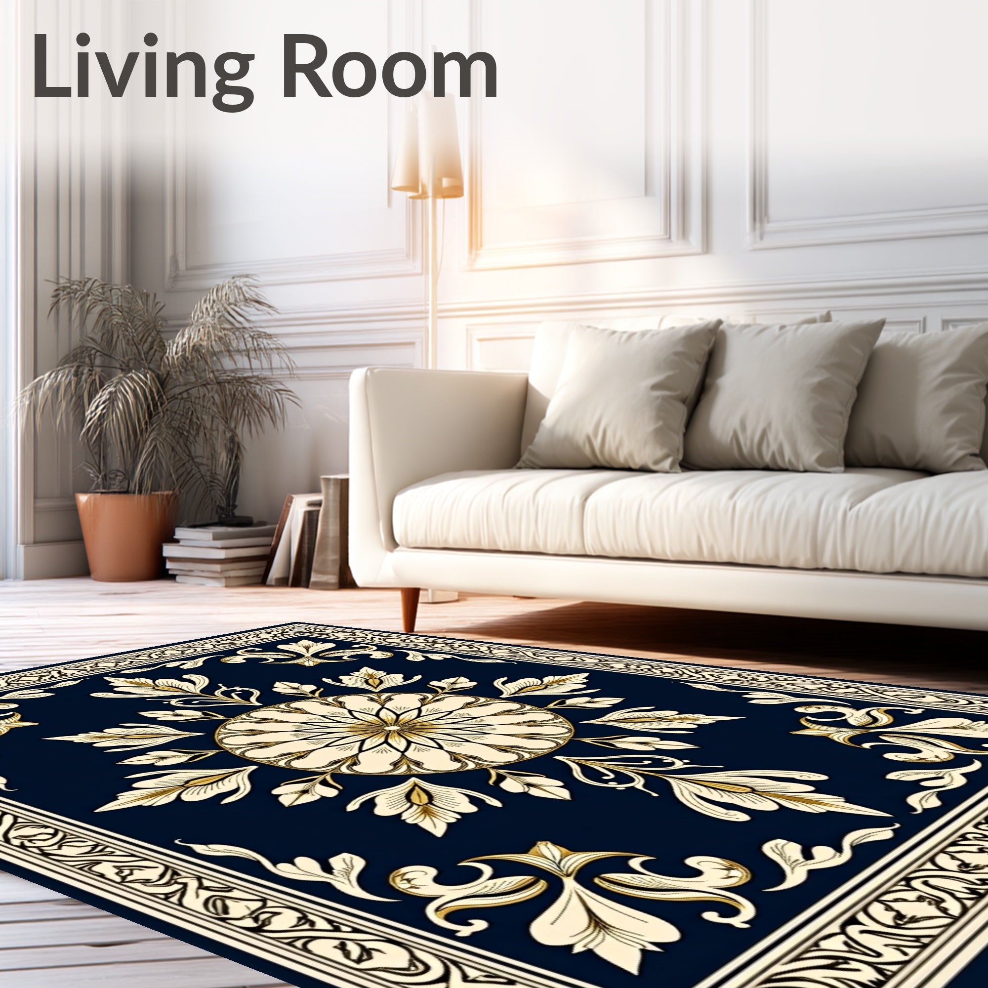 Ornate Golden Floral Sunburst Navy Rug