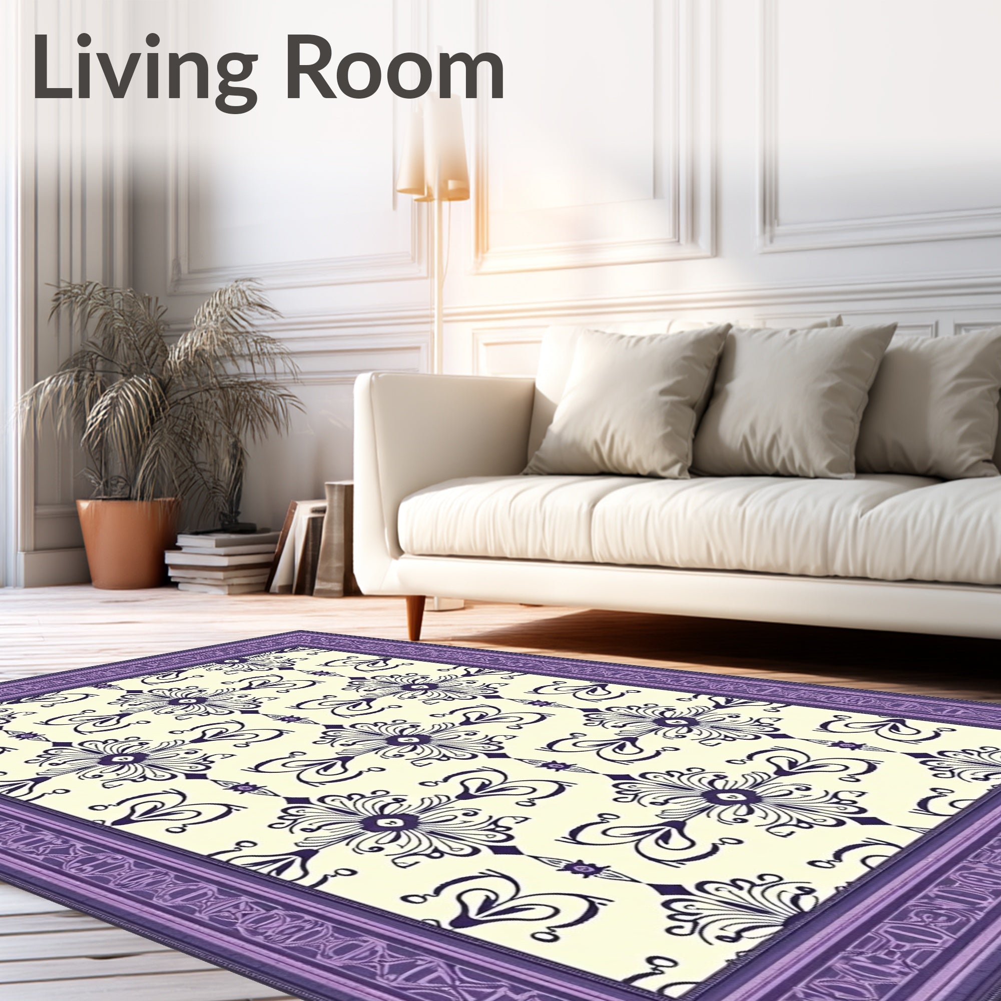 Purple Cream Damask Floral Border Rug