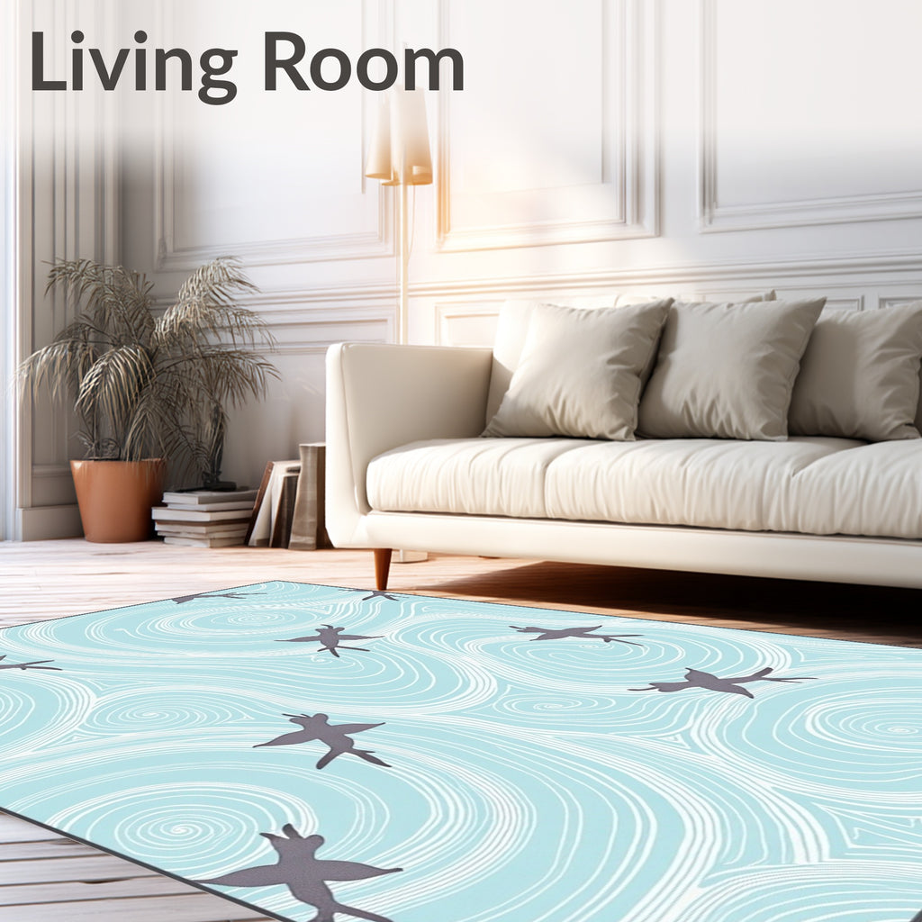 Sky Blue Swallows Swirling Waves Rug