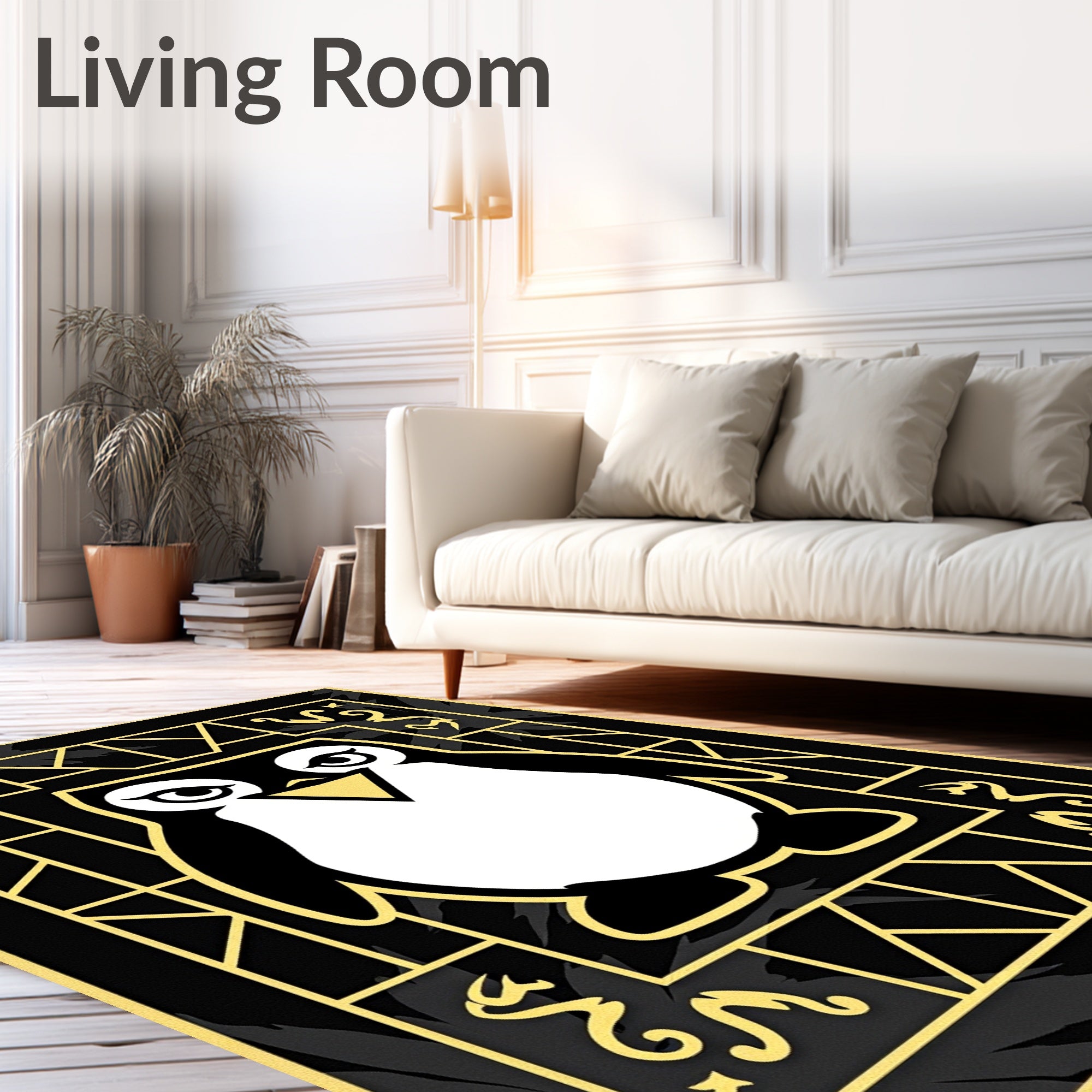 Playful Black White Penguin Art Nouveau Rug