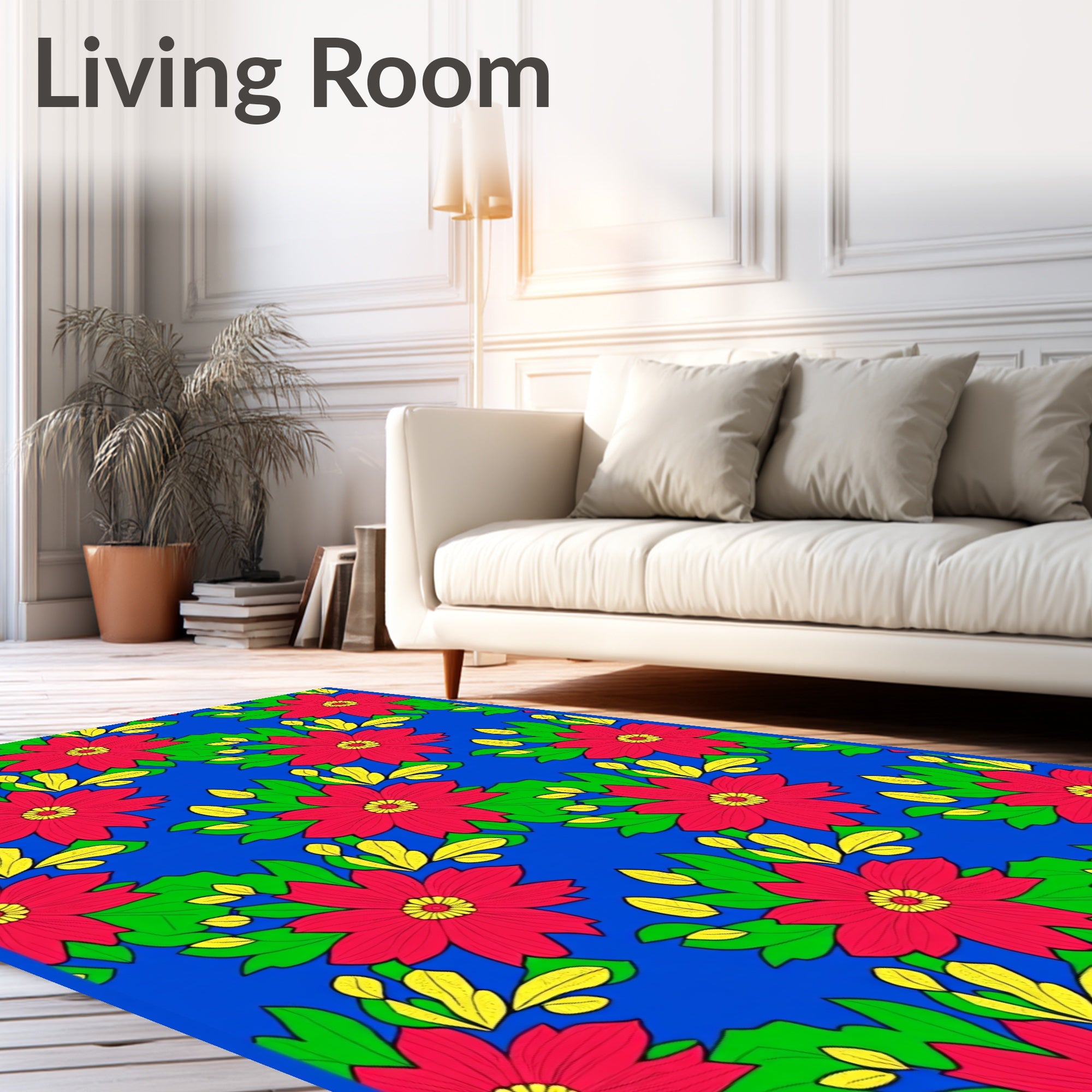 Vibrant Red Floral Green Leaf Garden Rug