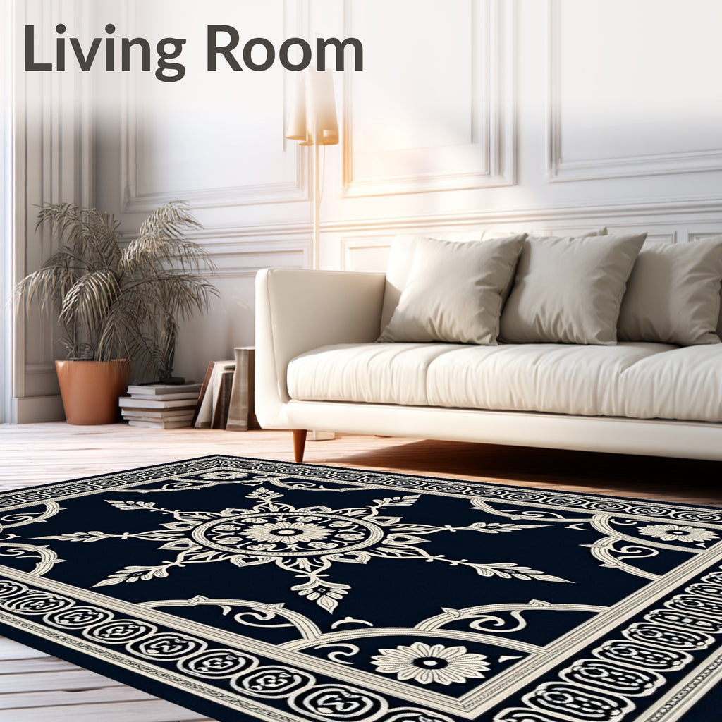 Classic Navy Cream Medallion Border Rug