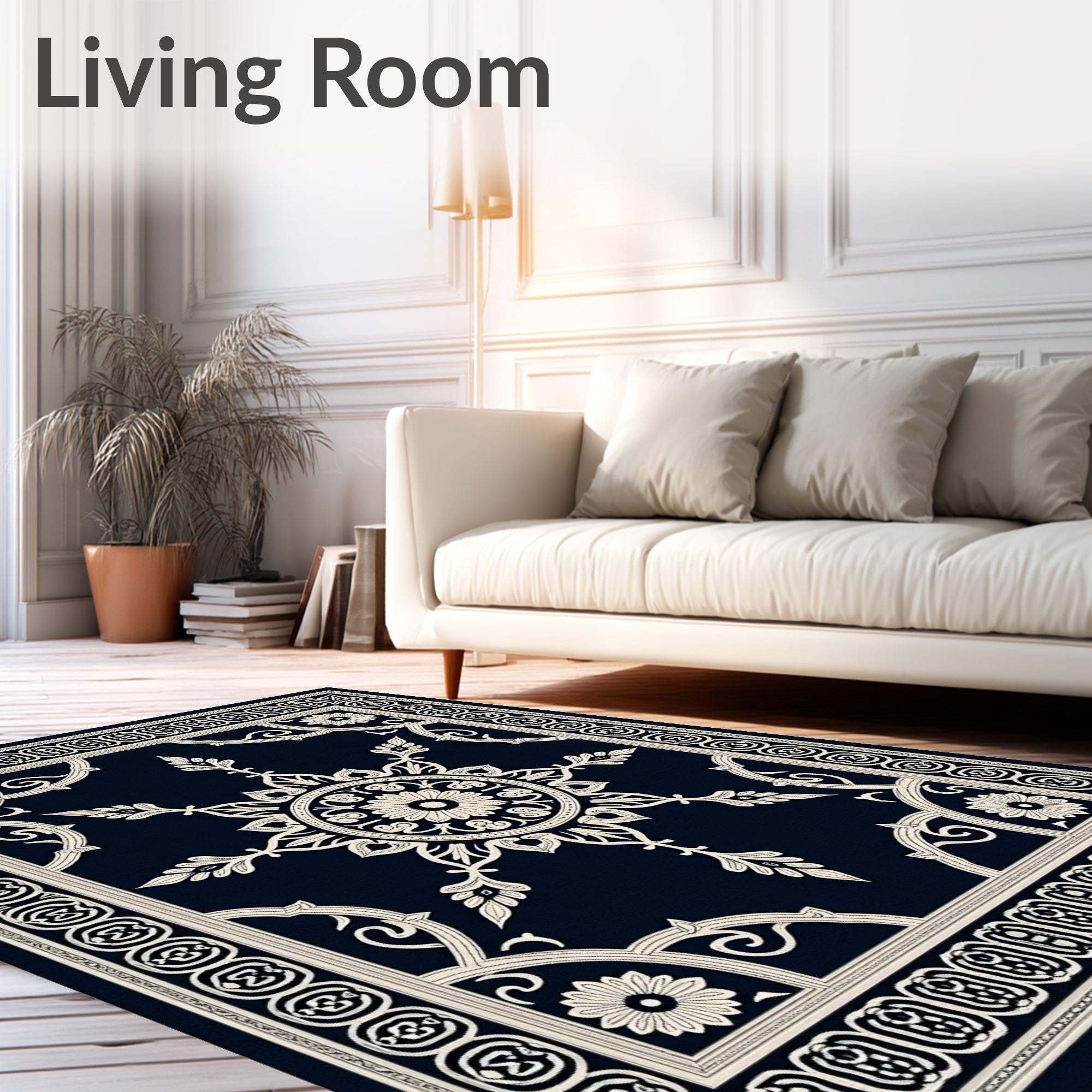 Classic Navy Cream Medallion Border Rug