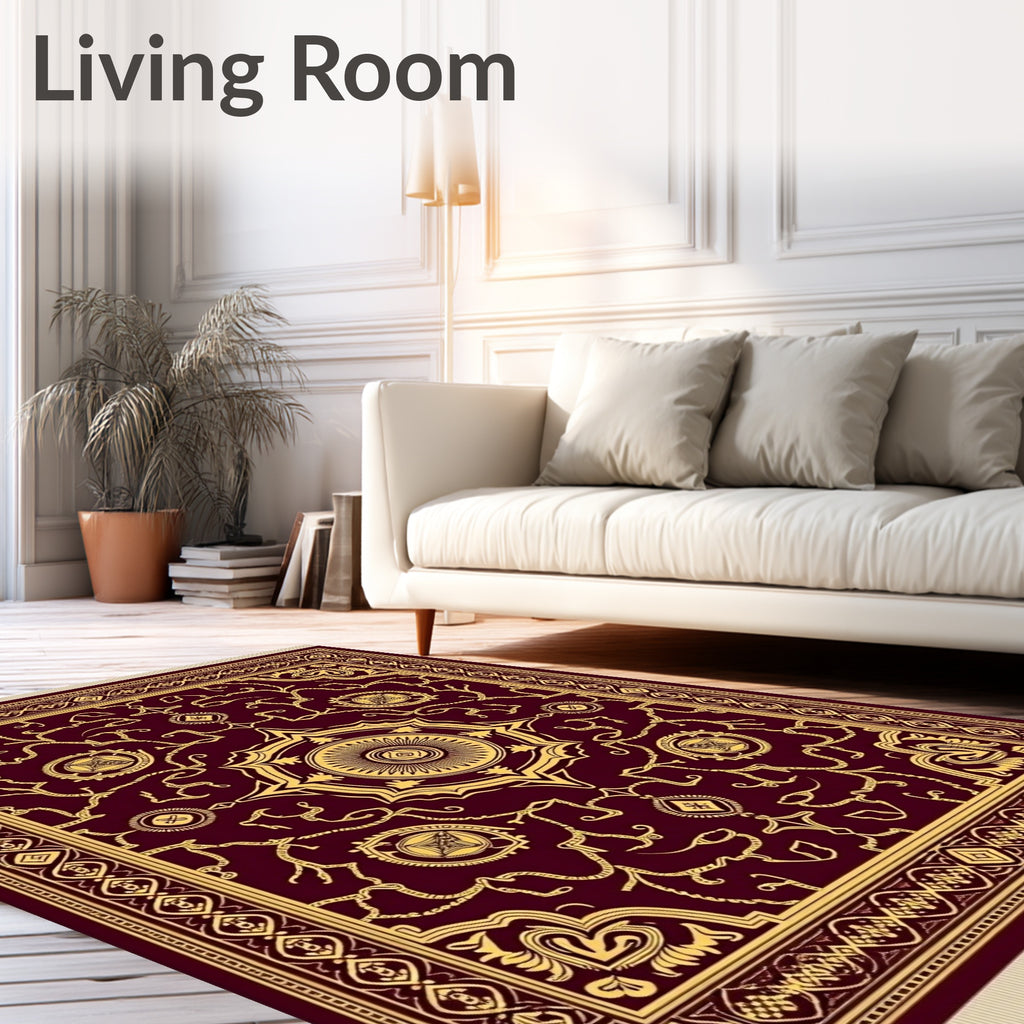 Ornate Burgundy Gold Floral Medallion Rug
