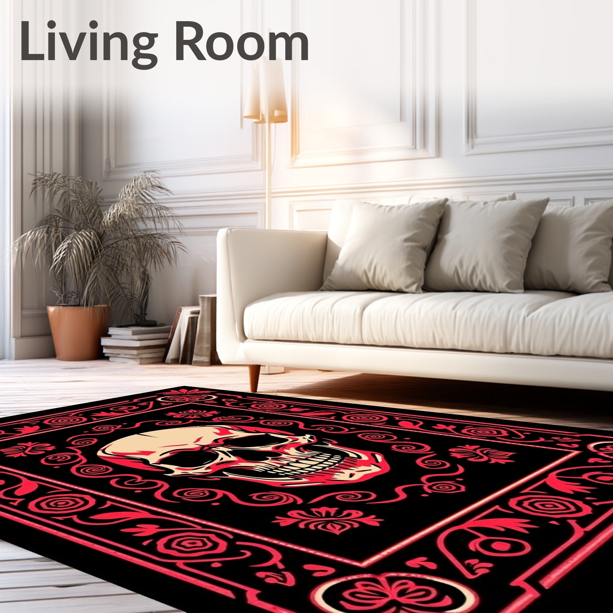 Crimson Skull Floral Ornate Frame Rug