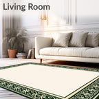 Dark Green Ivory Floral Border Rug