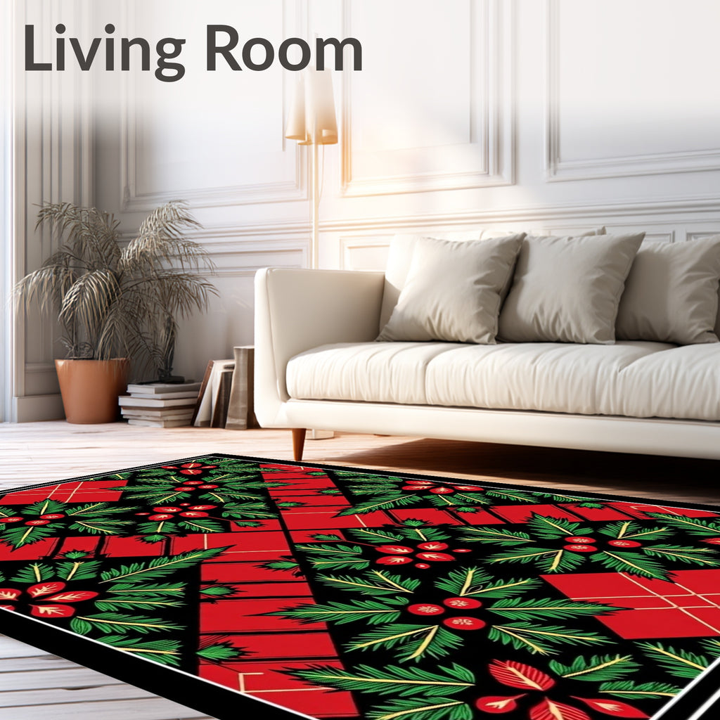Festive Red Green Holly Floral Square Rug
