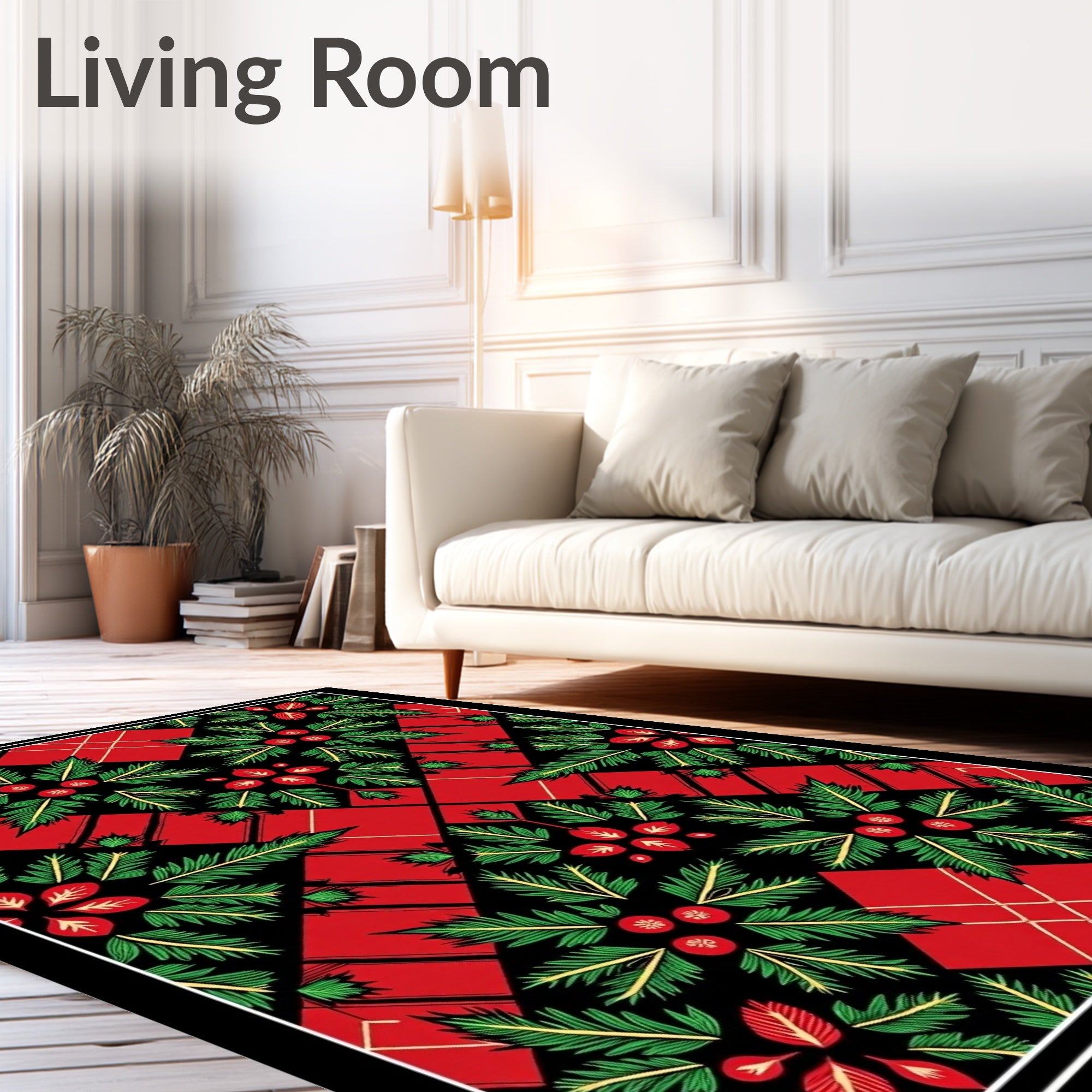 Festive Red Green Holly Floral Square Rug