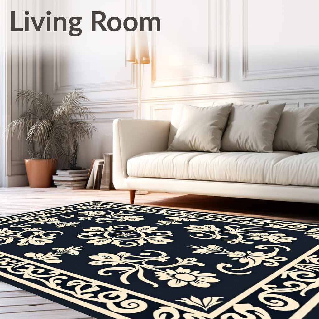 Cream Floral Medallion Navy Rug