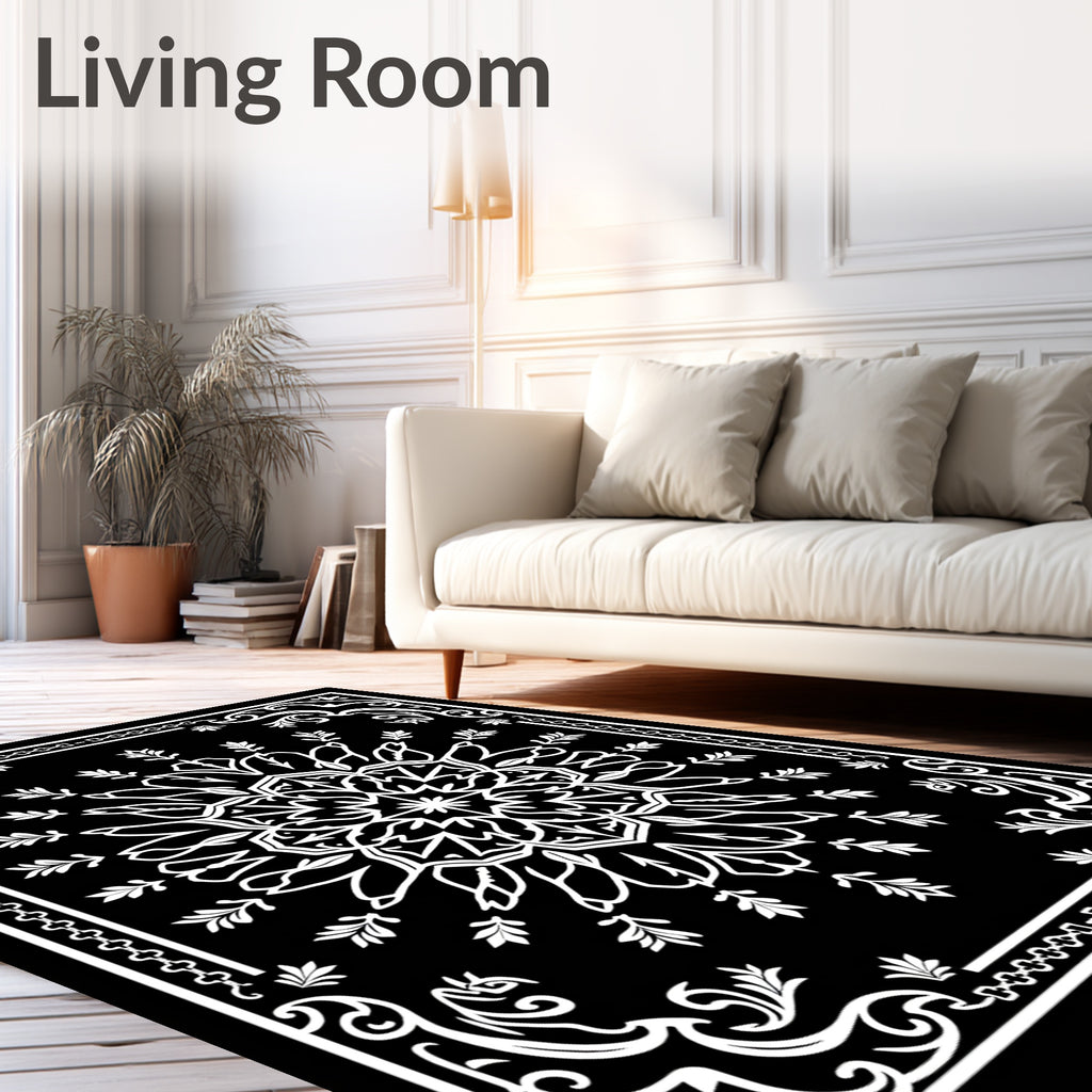 Intricate White Floral Mandala Black Rug