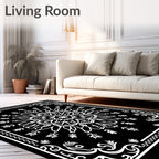 Intricate White Floral Mandala Black Rug