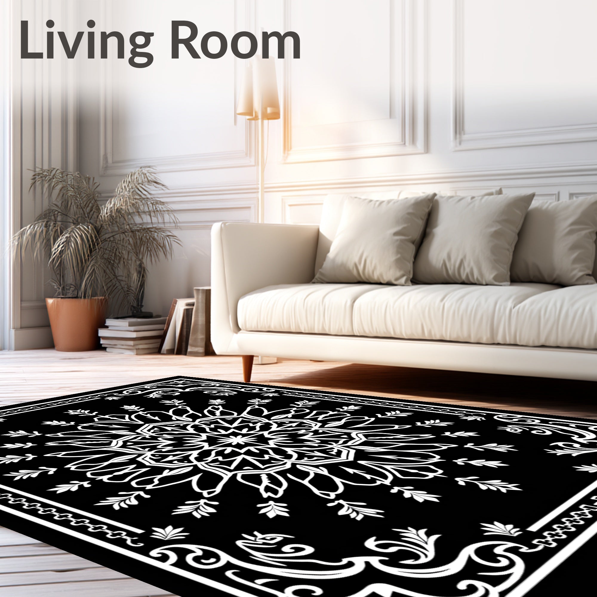 Intricate White Floral Mandala Black Rug