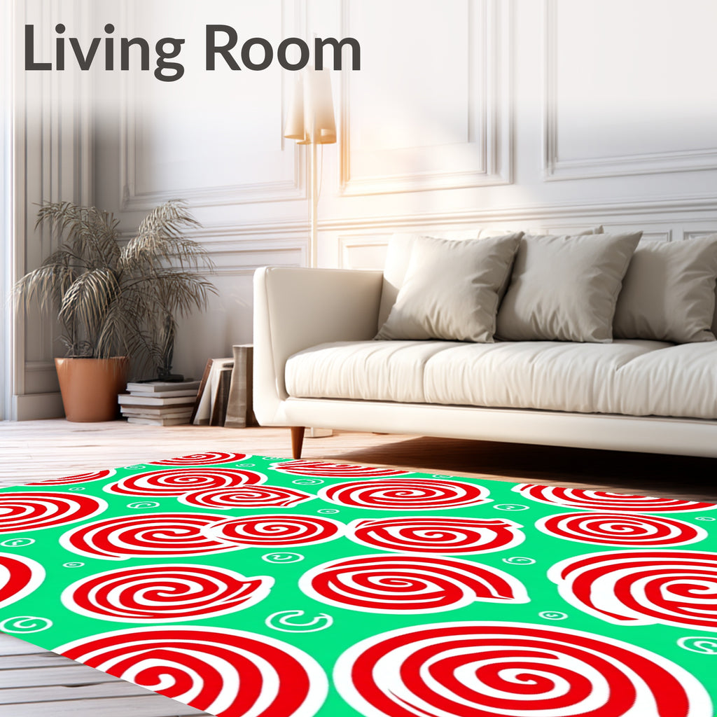 Red Swirls On Green Background Rug