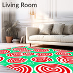 Red Swirls On Green Background Rug