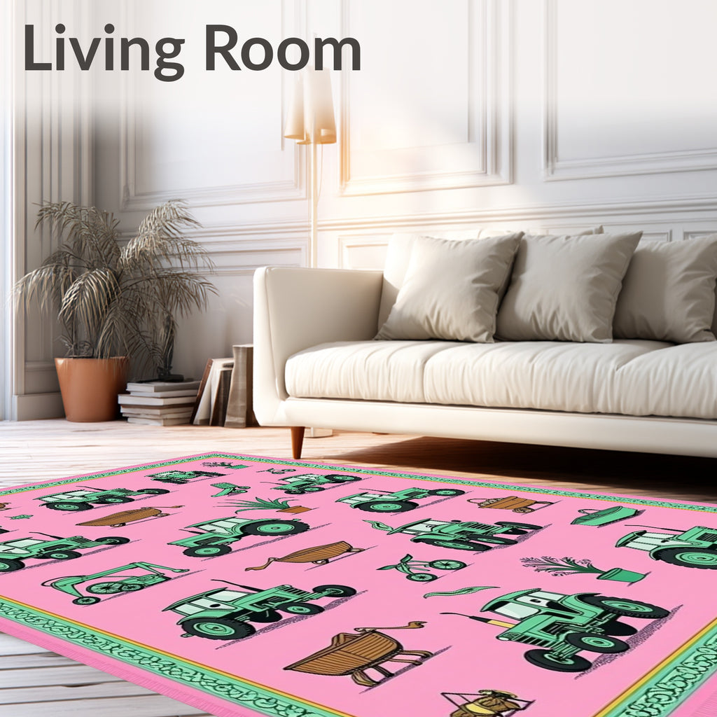 Pink Green Tractor Farm Collage Rug
