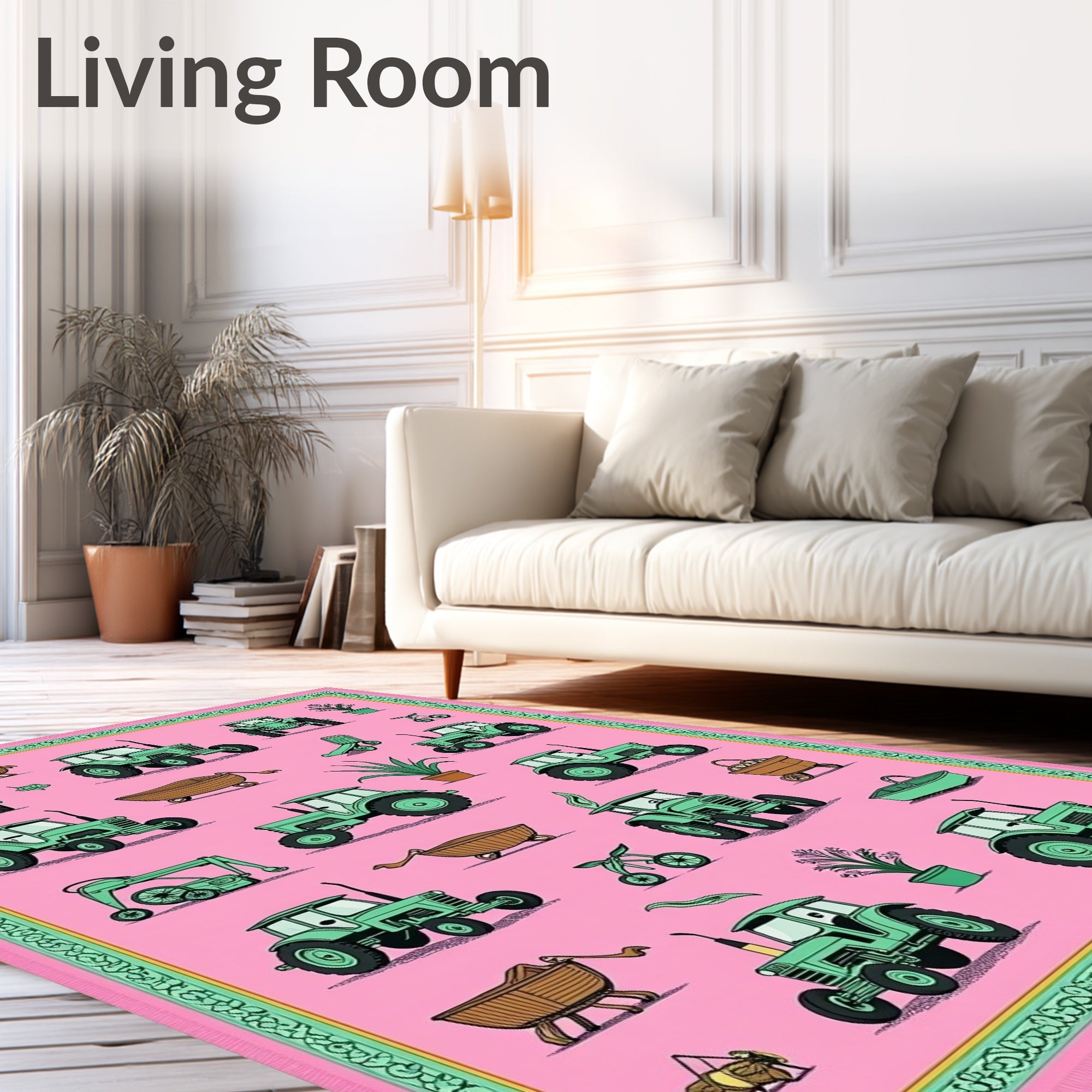 Pink Green Tractor Farm Collage Rug