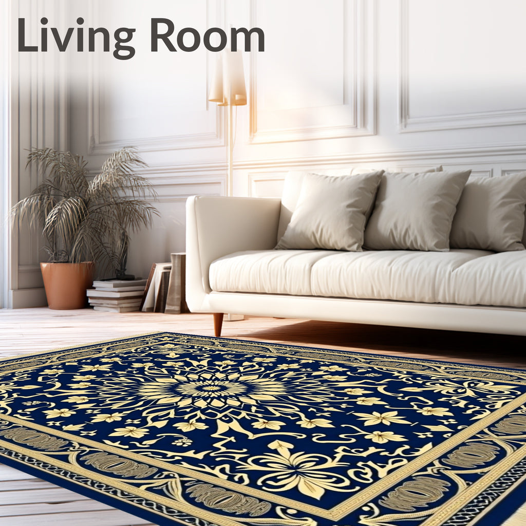 Navy Gold Floral Mandala Tassel Rug