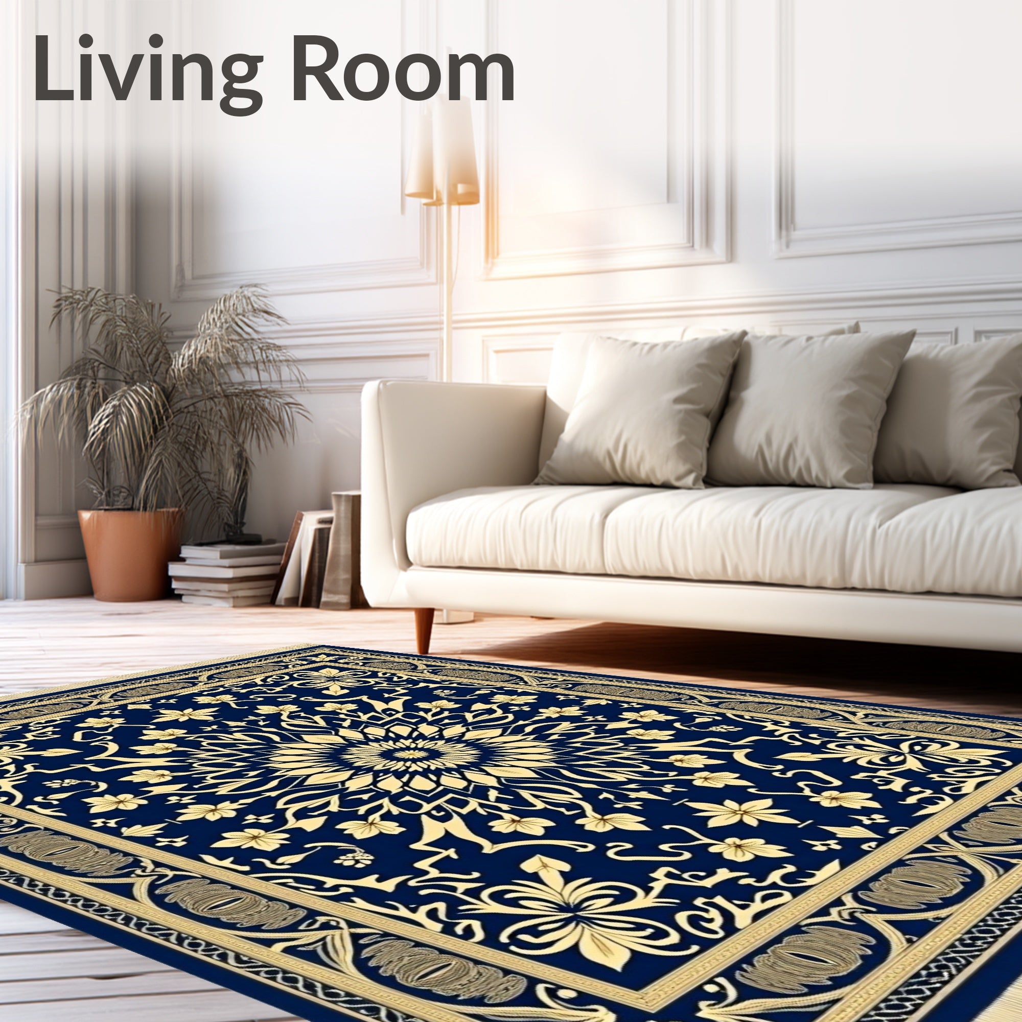 Navy Gold Floral Mandala Tassel Rug