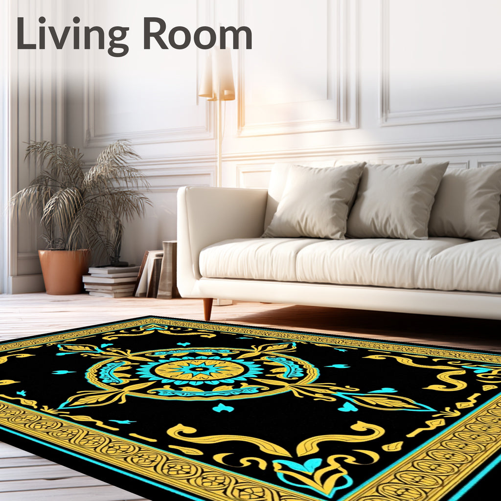 Black Teal Gold Medallion Arabesque Rug