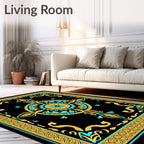 Black Teal Gold Medallion Arabesque Rug