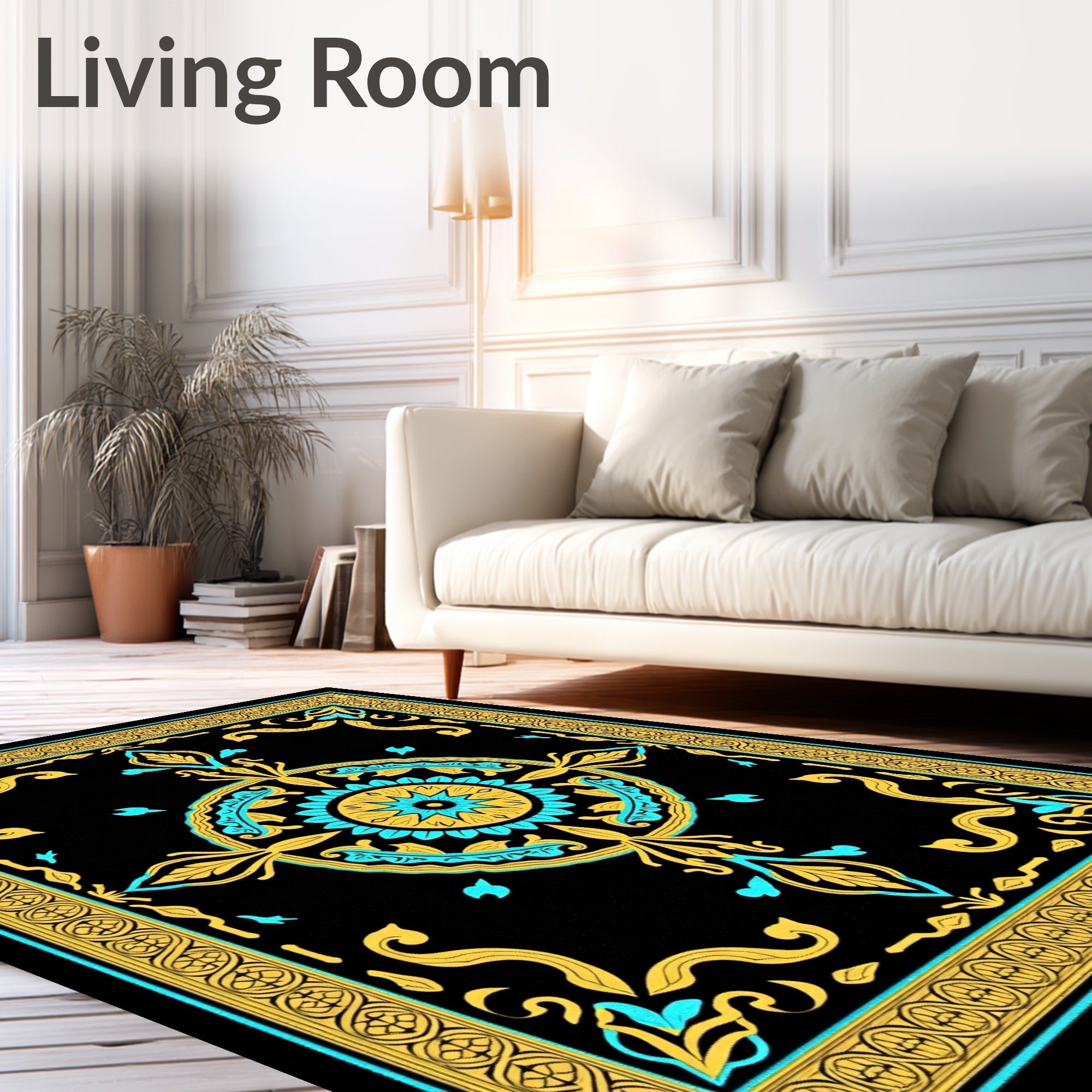 Black Teal Gold Medallion Arabesque Rug