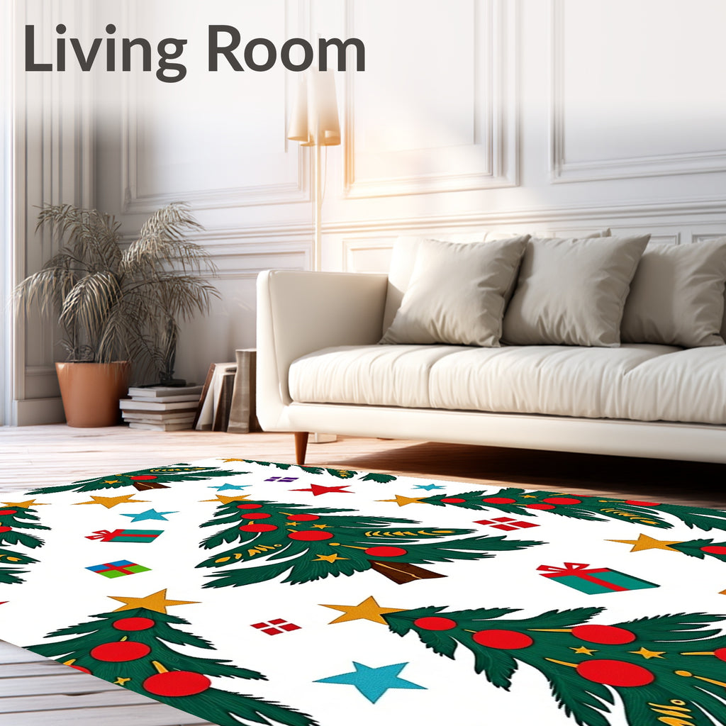 Whimsical Christmas Trees Red Ornaments Stars Rug