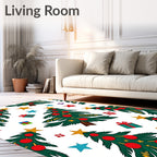Whimsical Christmas Trees Red Ornaments Stars Rug