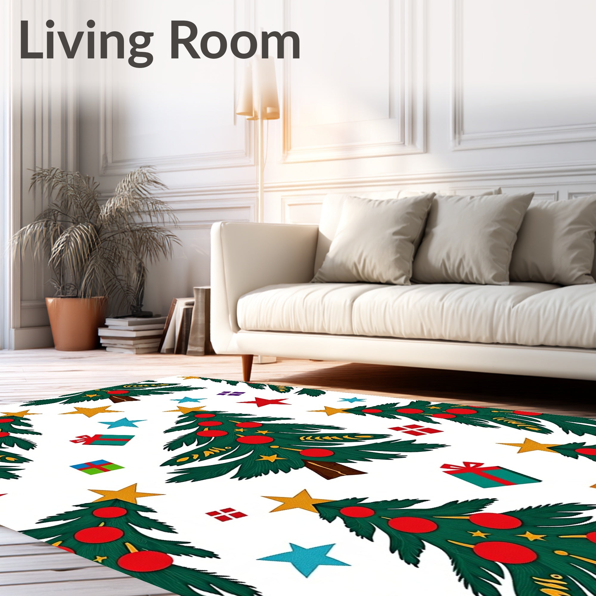 Whimsical Christmas Trees Red Ornaments Stars Rug
