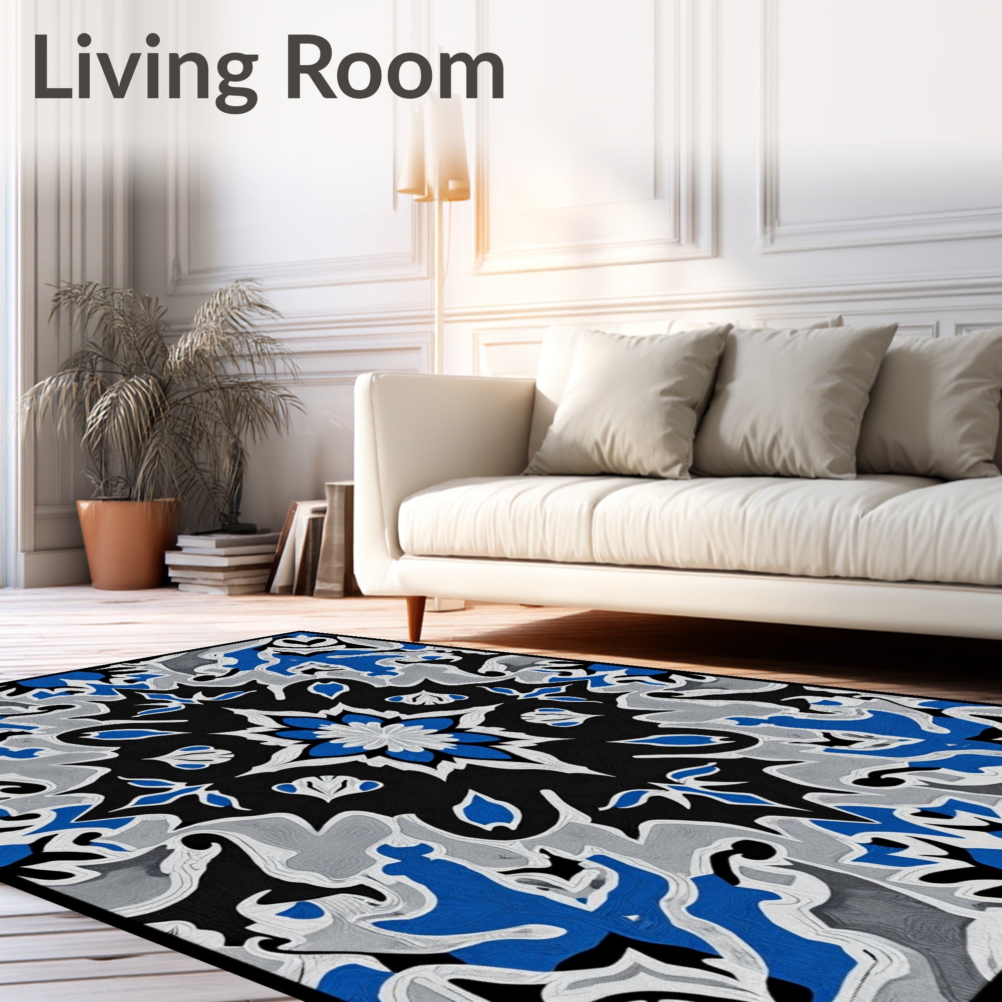 Cobalt Blue Gray Floral Medallion Rug