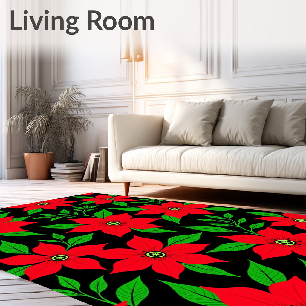 Bold Red Floral Branch Black Rug