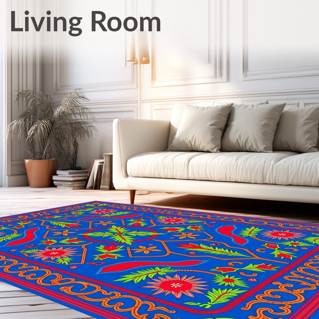 Vibrant Blue Floral Medallion Rug
