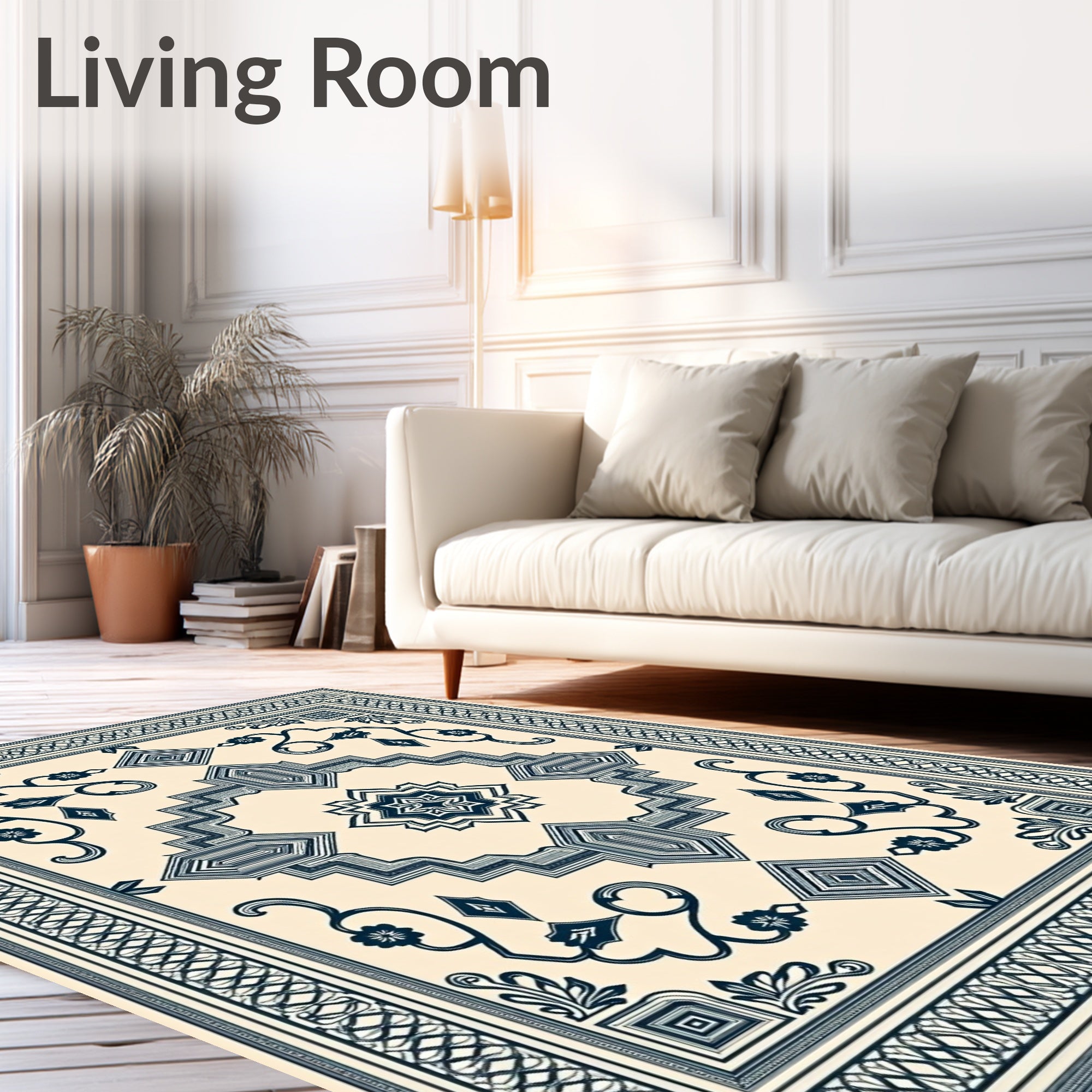 Cream Navy Geometric Floral Lattice Rug