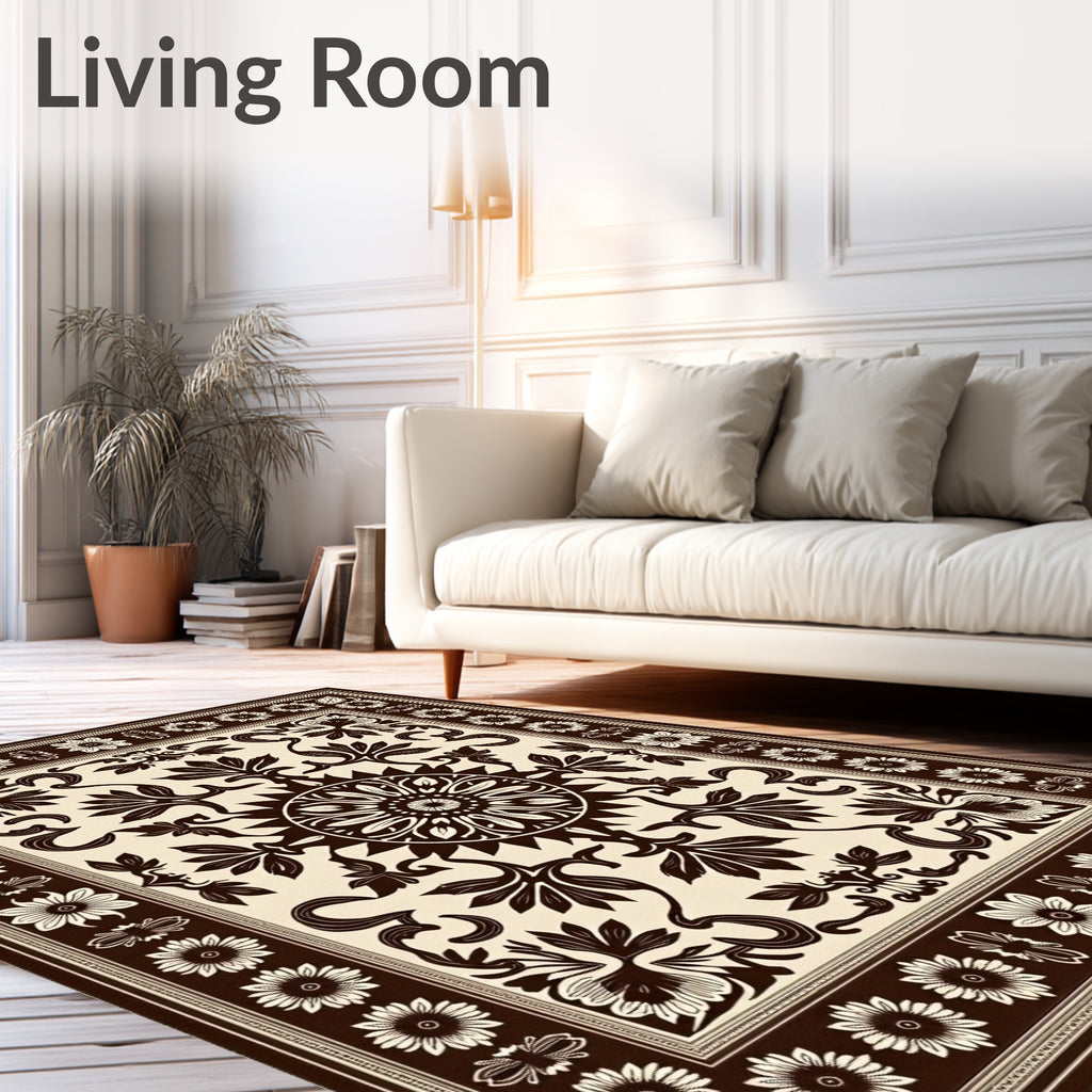 Dark Brown Cream Floral Medallion Border Rug